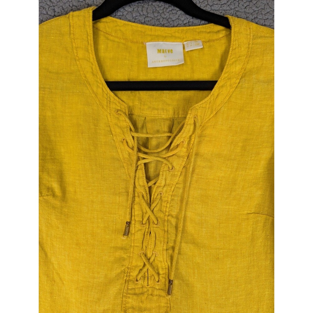 Maeve By Anthropologie Womens Mustard Yellow Marva Lace Up Linen Blouse Size 2 - Picture 3 of 10